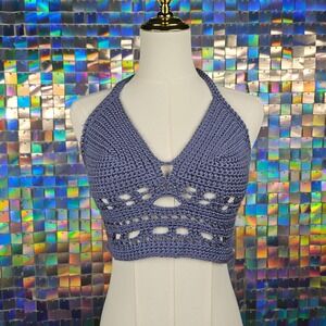 Blue Crochet Halter Crop Top Beach Festival Boho